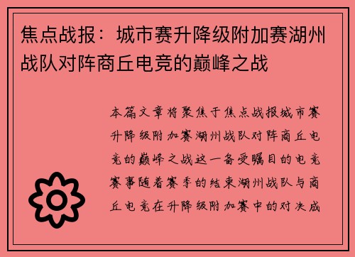 焦点战报：城市赛升降级附加赛湖州战队对阵商丘电竞的巅峰之战
